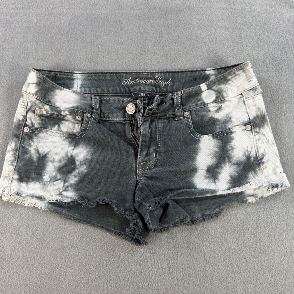 American Eagle Tie Dye Denim Shorts Black White Frayed Hem Low Rise Stretch 6
